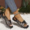 Women's Leopard Causal Beach Shoes 2024 New Roman Square Toe Low Heel Thong Sandals Woman Outdoor Light Slip-on Sandals