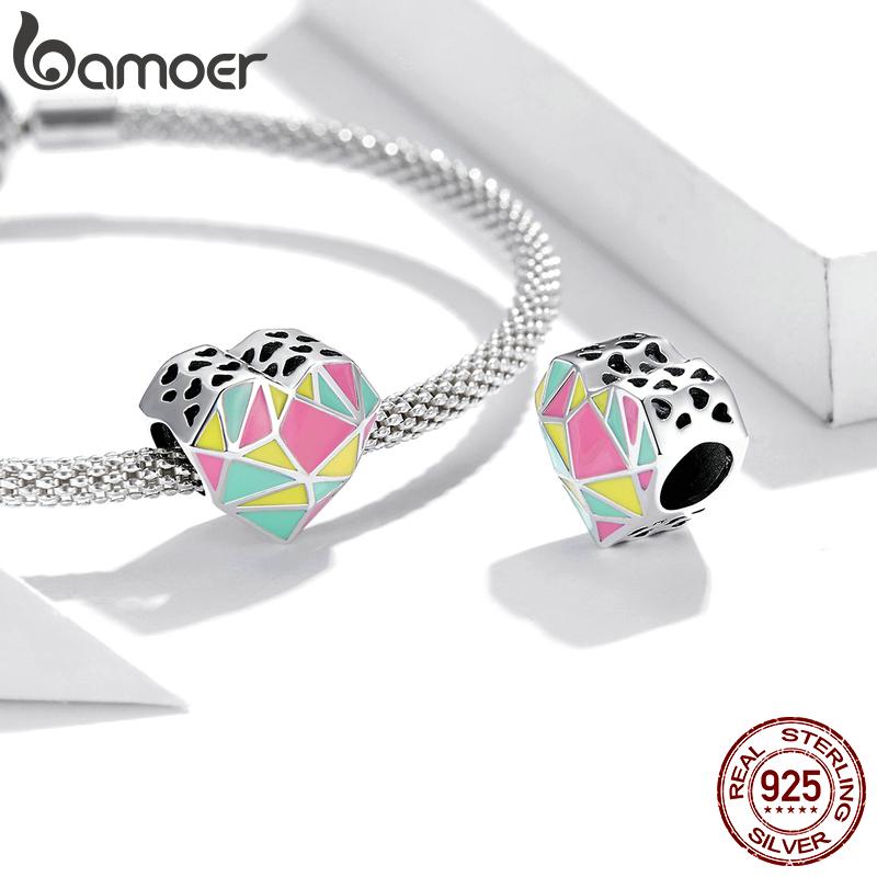 BAMOER из стерлингового серебра 925 пробы, красочные геометрические узоры, очаровательные бусины в форме сердца в форме сердца для оригинальных браслетов и ожерелья диаметром 3 мм