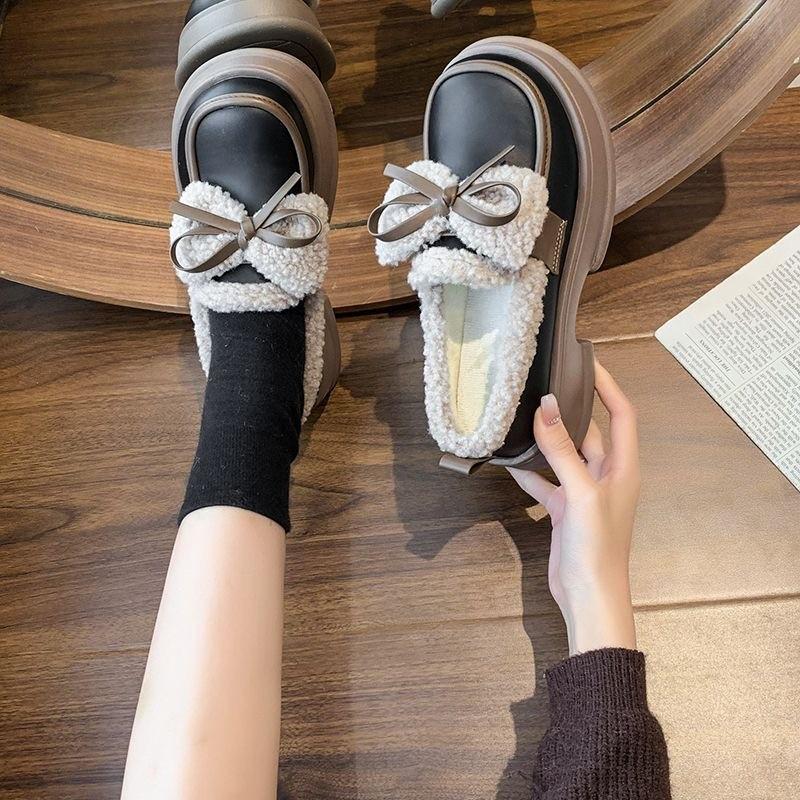 Internet Celebrity Small Leather Shoes Women's 2024 Winter New Platform Beanie Shoes Velvet Retro Bow Foreign Style Loafer Cotton Shoes