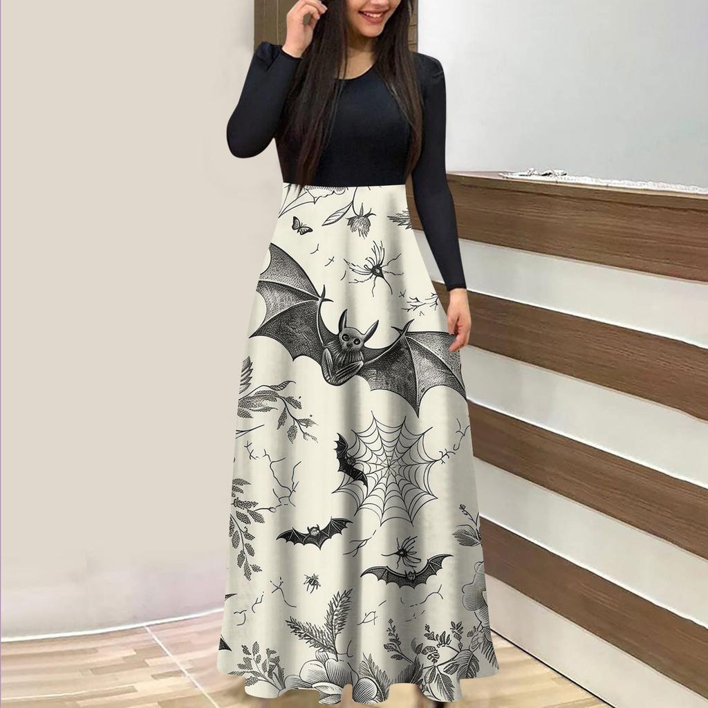 Женское модное повседневное платье макси с круглым вырезом и длинными рукавами