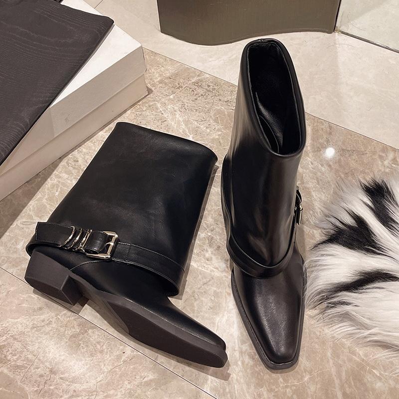 Новые мягкие кожаные ковбойские брюки в стиле вестерн для женщин, слип-он, украшение на пряжке, толстый каблук, до середины икры, Botas Zapatos Mujer