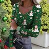 Women's Winter Slim-Fit Base Layer T-Shirt Fashionable Christmas Print V-Neck Pullover Long-Sleeved Top