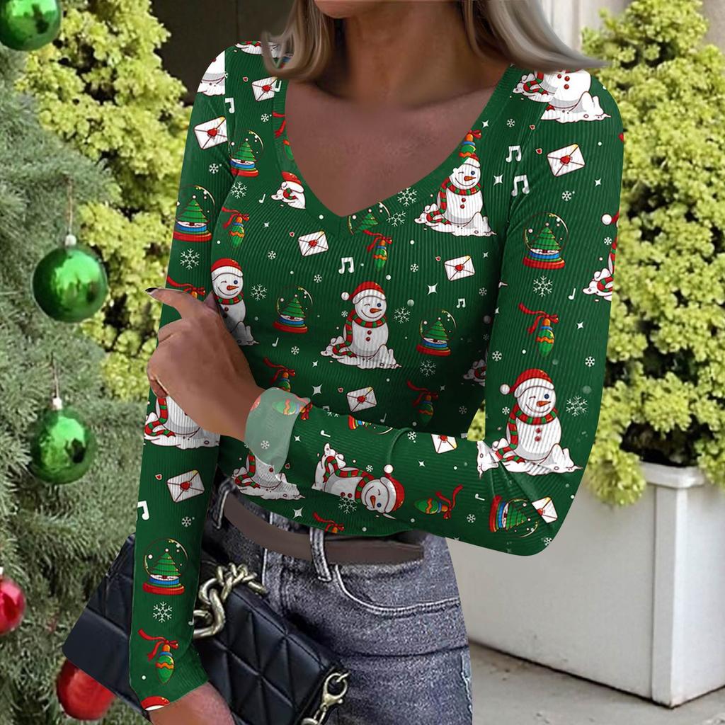 Women's Winter Slim-Fit Base Layer T-Shirt Fashionable Christmas Print V-Neck Pullover Long-Sleeved Top