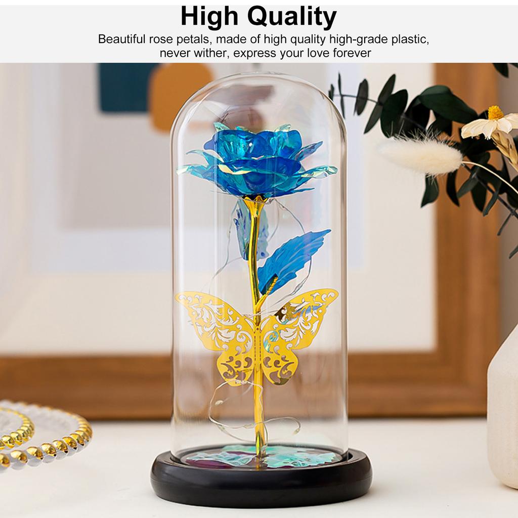 Galaxy Rose Flower Artificial Flower Rose in Glass Dome with Butterfly Colorful LED Light Rose Gifts Idea for Women's Birthday Mother's Day Christmas