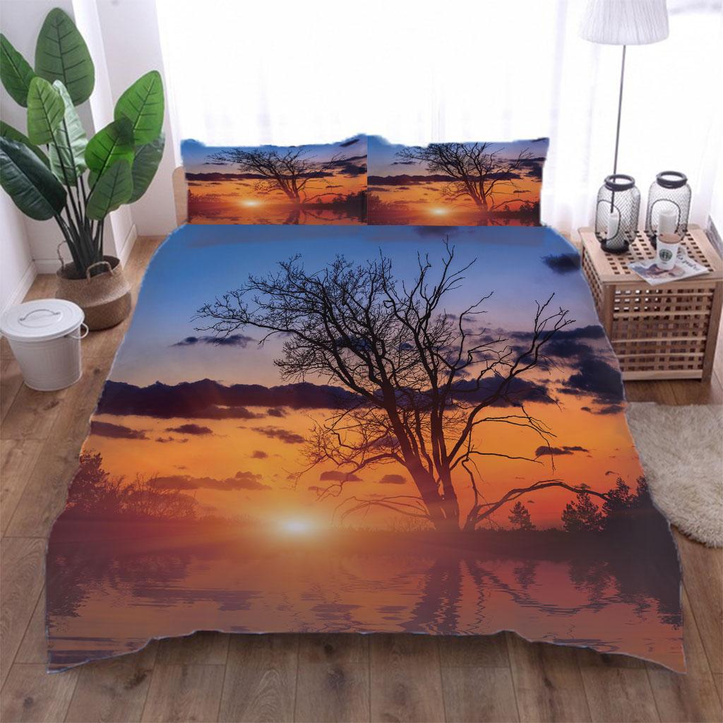Duvet Cover Queen Size 3D Red Sunset Landscape Digital Printing, Double Size Bedding Set, Fashion Design, For Girls Kids Room