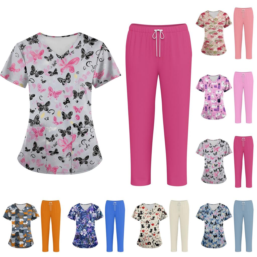 Плюс размерСкраб с принтом Рабочая форма Топы для женщин Крест V-образным вырезом Хэллоуин Принт с короткими рукавами Забавные футболки Спецодежда Футболка с карманами