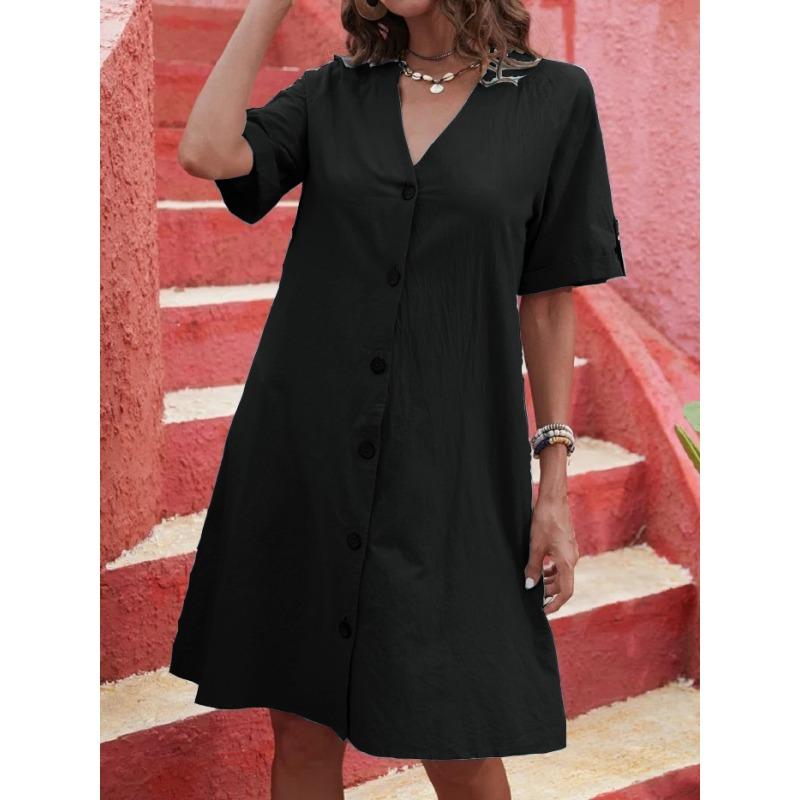 YYFS Women's Fashion Summer Spring Solid Color Print Short Sleeve V-Neck High Waist Casual Dresses