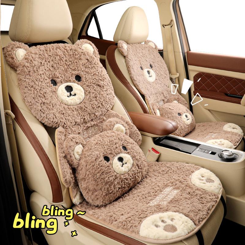 Cartoon 3D Bear Universal Car Seat Cushion Covers Plush Backrest for Autumn Winter Warm Cute Designed Seat Accessories