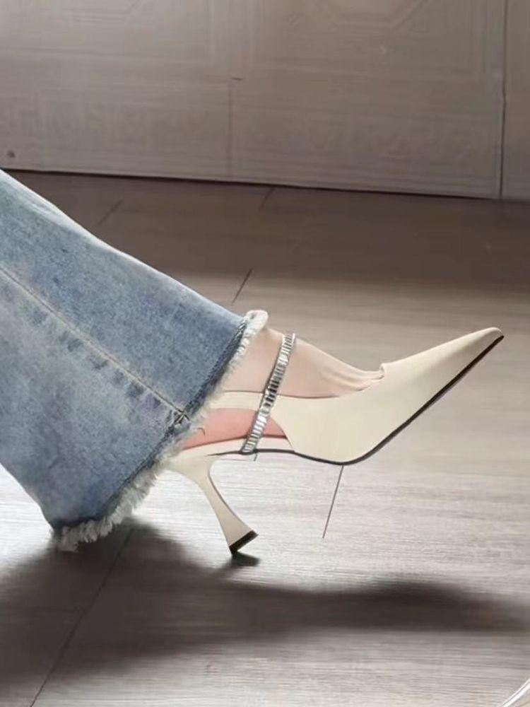 Французские туфли-лодочки с черным ремешком сзади, с острым носком, на высоком каблуке, весна-лето 2024, супер фея, одинарные туфли, сандалии, женские, черные