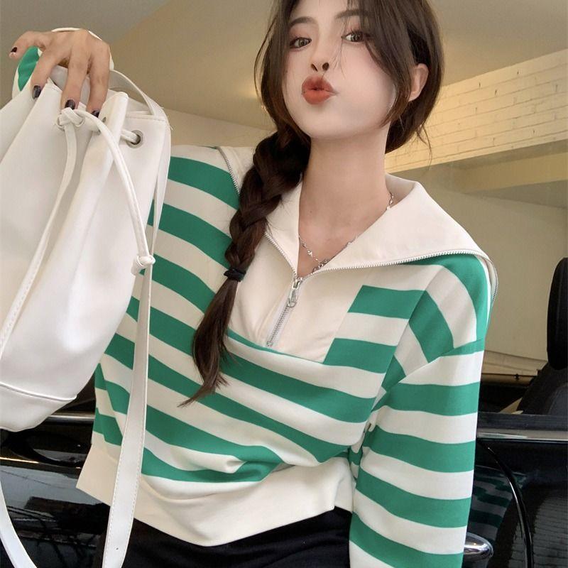 Повседневная полосатая толстовка с темно-синим воротником, женская осенняя корейская версия, дизайнерская свободная пуловерная рубашка большого размера с длинным рукавом, оригинальные женские топы