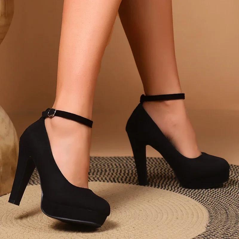 Sexy Super High Heels Shoes for Women Ankle Buckle Chunky Platform Pumps  Black Flock Square Heel Party Shoes Large Size