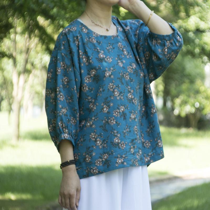 Летняя женская одежда Этнический принт хлопковая льняная блузка Топ Круглый вырез Рукава семь четвертей Футболки