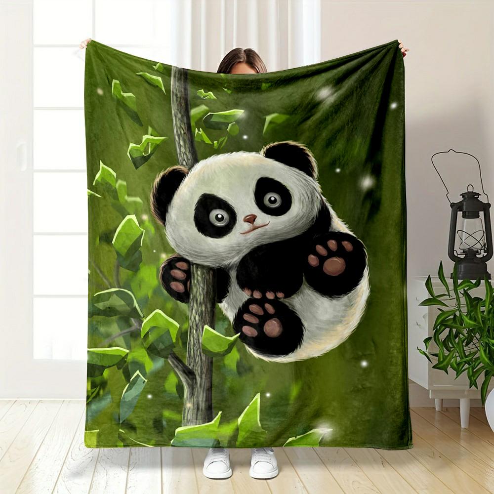 Cute Panda Hanging on Bamboo Tree Artwork Flannel blanket for bedroom, living room, sofa, and nap sofas