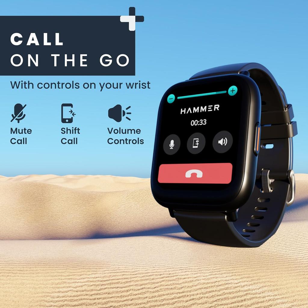 Hammer Fit+ 1.85" Calling Smart Watch for Men and Women with Built-in Games, Metallic Body, Voice Assistant, 100+ Customized Watch Faces (Black)