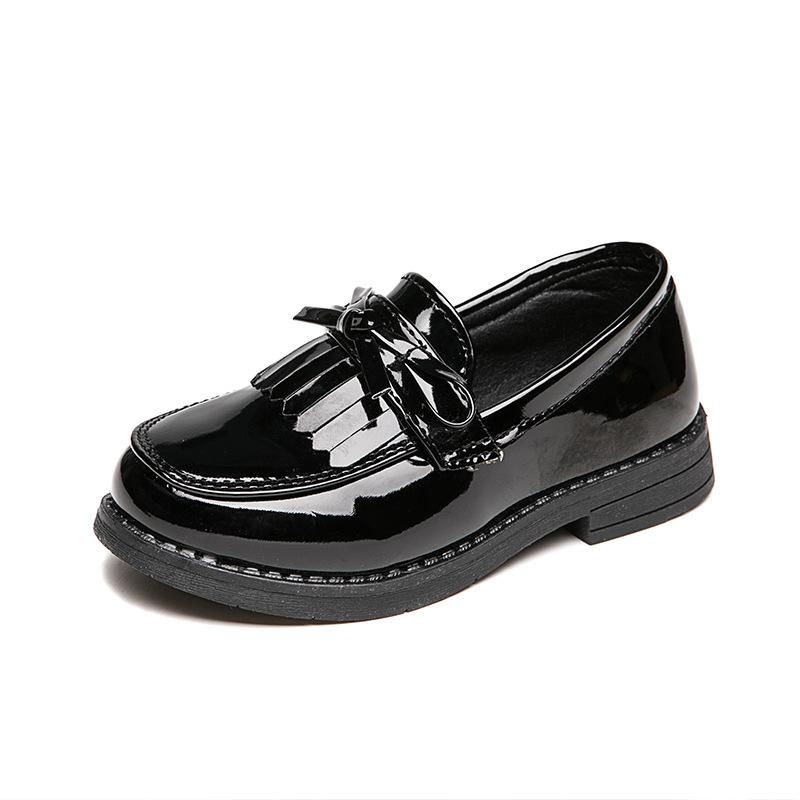Girls Casual Leather Shoes Kids Flats Tassels with Bow-knot British Soft Slip-on Loafers for Wedding Party Bright Skin New