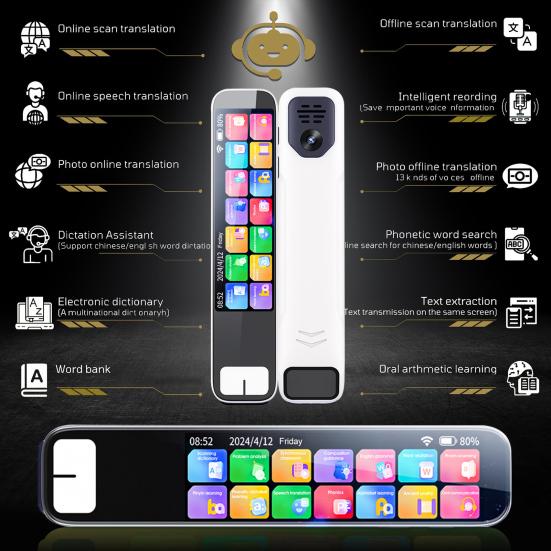 Ручка-переводчик с интеллектуальным искусственным интеллектом, сенсорным экраном, функцией записи голоса, перезаряжаемая, совместимая с Wi-Fi и Bluetooth, ручка со сканером