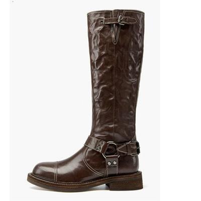 Мода Осень Зима Ретро Пряжка Ремня Черный Коричневый Низкий Каблук Сапоги до Колена Новые Модные Подиумные Стили Повседневные Покупки Женская Обувь 43