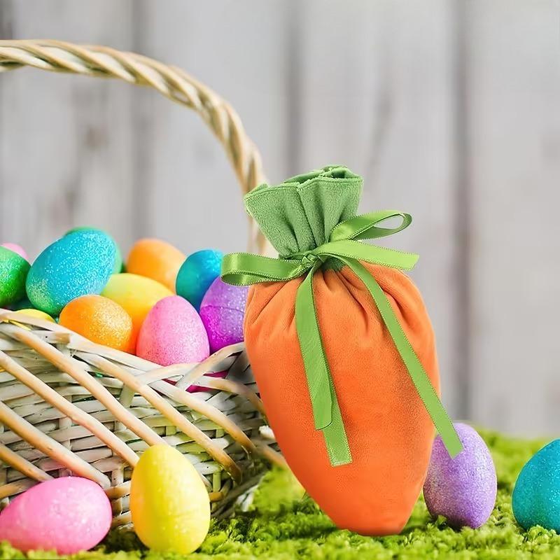 1-30PCS 2026 Easter Carrot Velvet DrawstringGift Bags with Bunny Ears Orange and GreenDesign for Spring Party FavorsCandyStorage