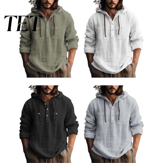 Comfortable Gym Sports Tops Men Cotton Linen Hoodie, Long Sleeve Hooded Sweatshirt with Button Mens Beach Vacation Apparel Neck, Casual Pullover Shirt