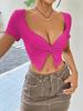 2026 Elegant Woman Sexy Hottie Design Chest Twist Ruffle Deep Solid Color V-Neck Short Top