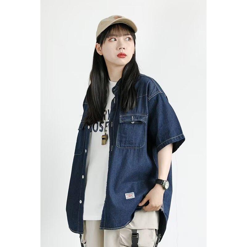 Японский ретро модный бренд летняя свободная джинсовая рубашка с короткими рукавами художественная молодежная рабочая рубашка мужская и женская многослойная куртка