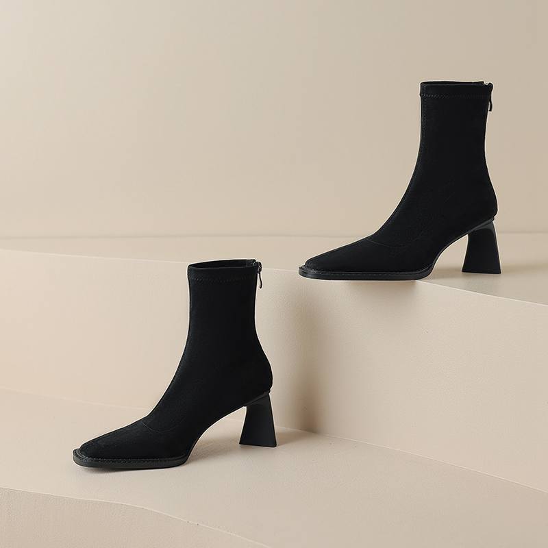 Krazing Pot Зимние эластичные ботинки из флока с квадратным носком на толстом высоком каблуке и молнии, женские ботильоны из натуральной кожи Stovepipe