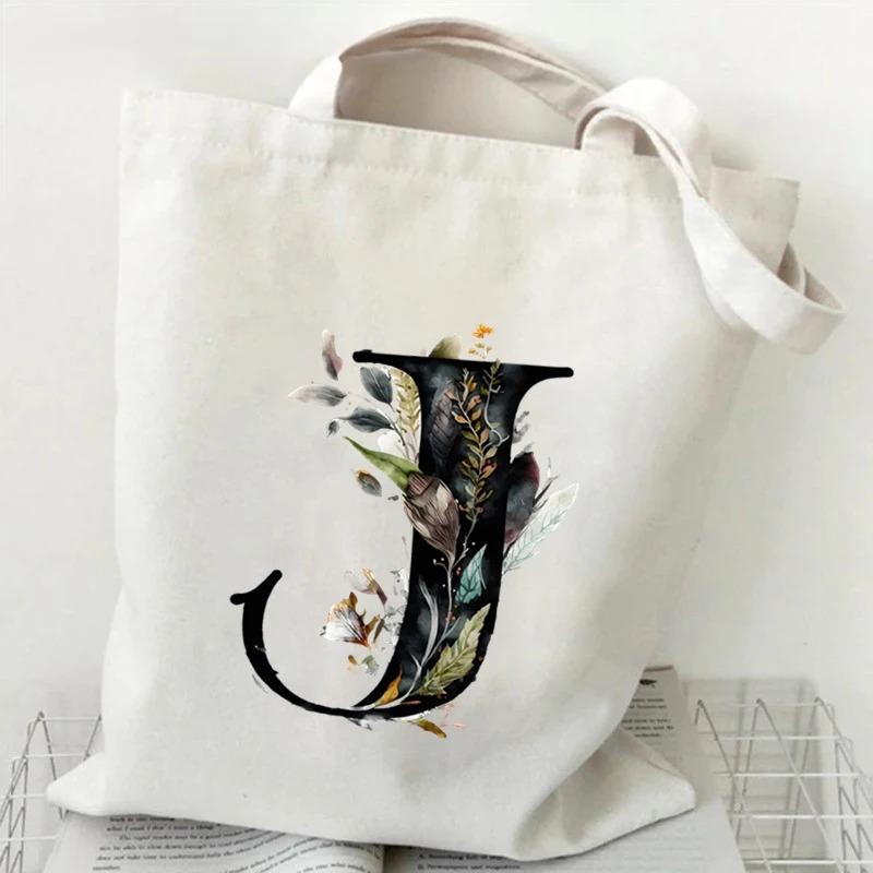 26 Letters Flower Tote Bag For Women Eco Reusable Shoulder Bagslarge Capacity Canvas Casual Harajuku Shopping Shopper Handbag