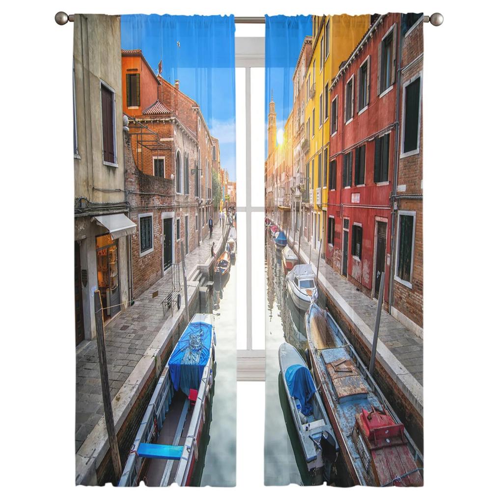 City River Boat House Modern Printed Tulle Curtains for Bedroom Balcony Window Decor Creative Fashion Home Sheer Curtain