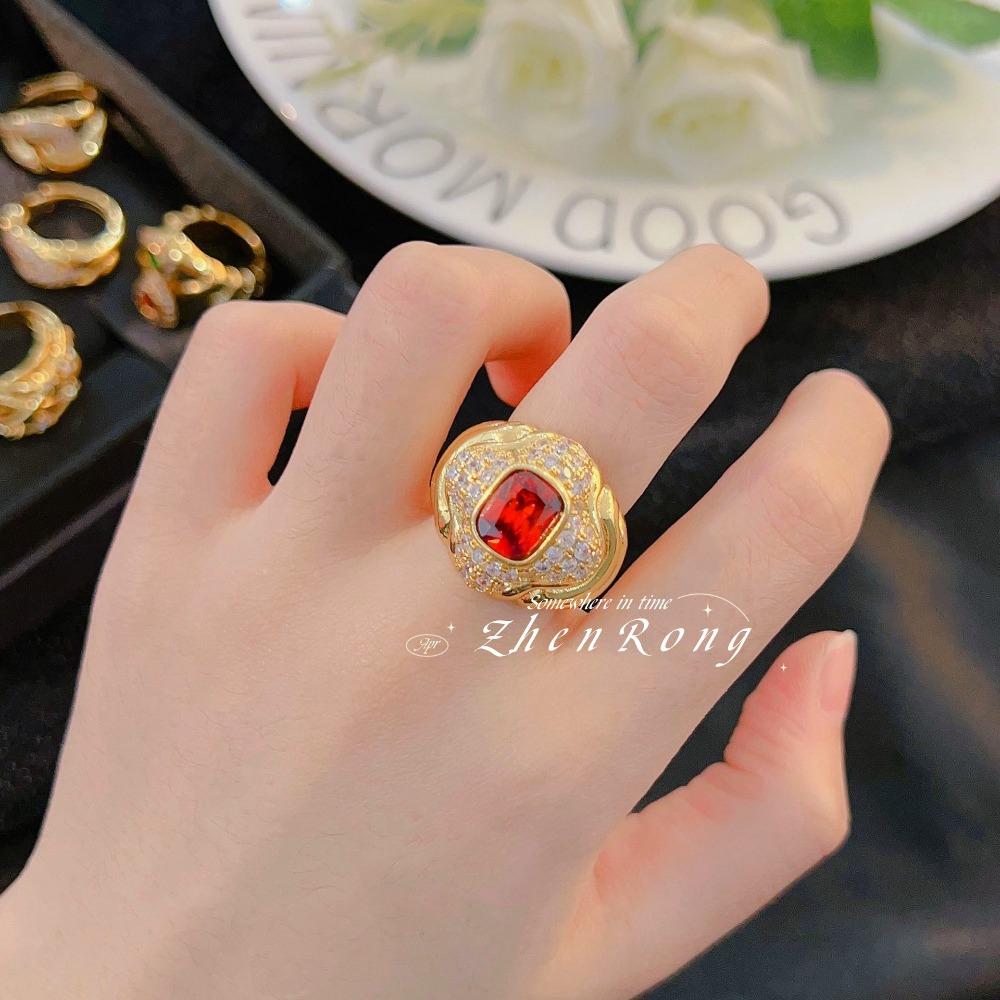 Vintage Open Ring French Retro Gold Plated Micro Pave Full Diamond Antique Jewelry Colorful Gemstone Ring