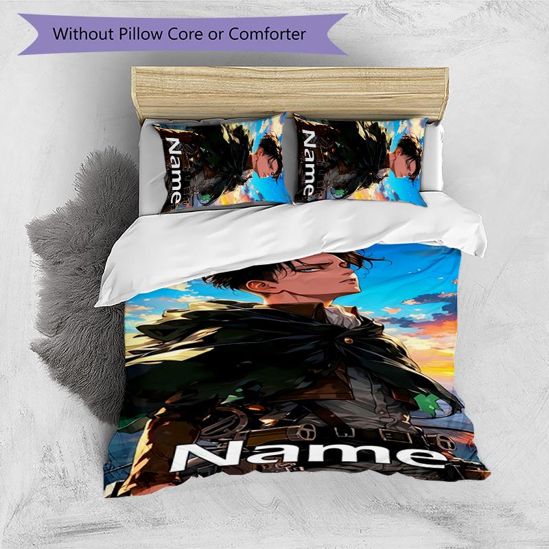 3pcs Custom Name Attack on Titan Bedding Set Duvet Cover Closure Includes 1 Duvet Cover & 2 Pillowcases for All Seasons Bedroom Decor