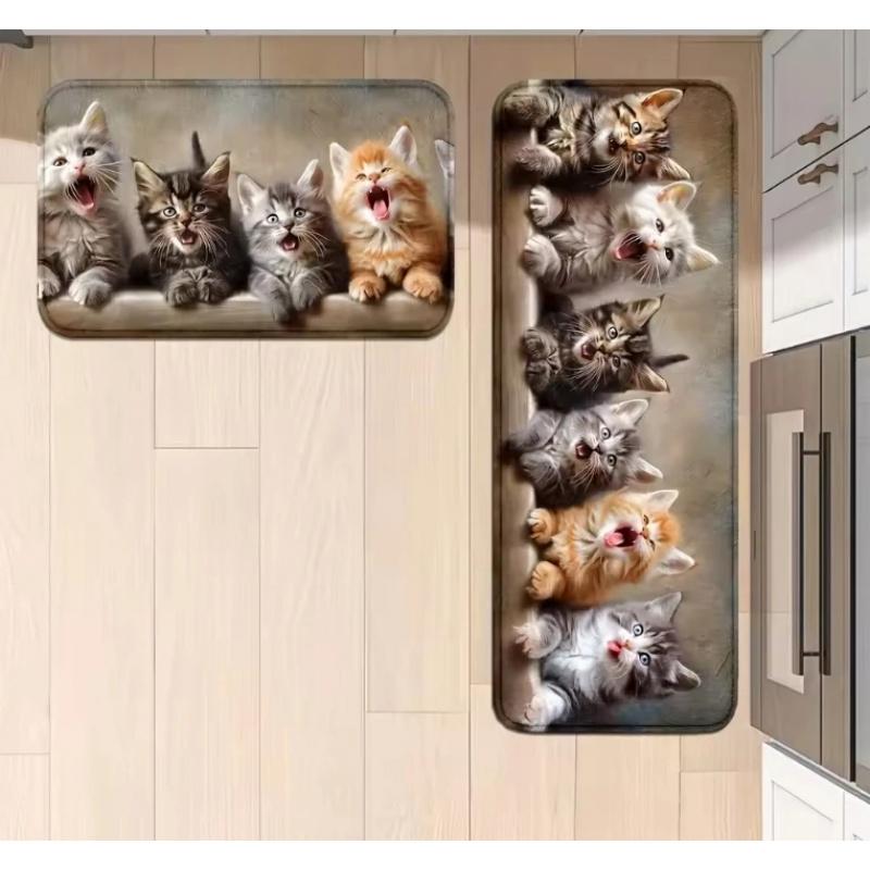 Cute Kitten Print Kitchen Rug Set, Non-Slip Absorbent Floor Mats for Kitchen, Laundry Room Cat Lovers