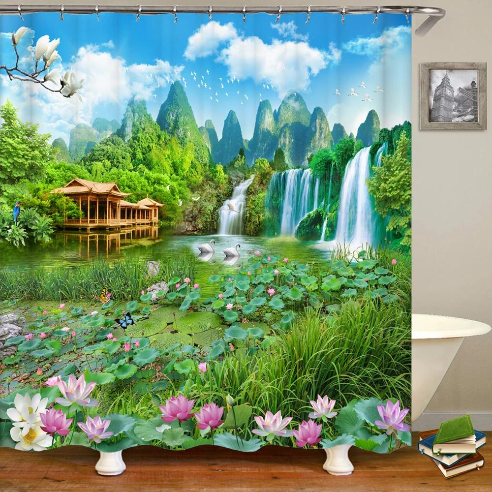 3D Природа Лес Деревья Пейзаж Ванная Душевая Занавеска Домашний Декор Ткань для Занавесок Водонепроницаемая Душевая Занавеска С Крючками 180x200