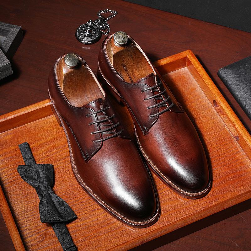 New ModelMen'S Shoes Business Elegant Gentleman Shoes Lace-Up Simple Leather Shoes First Layer Cowhide Dress Wedding Shoes Large Size