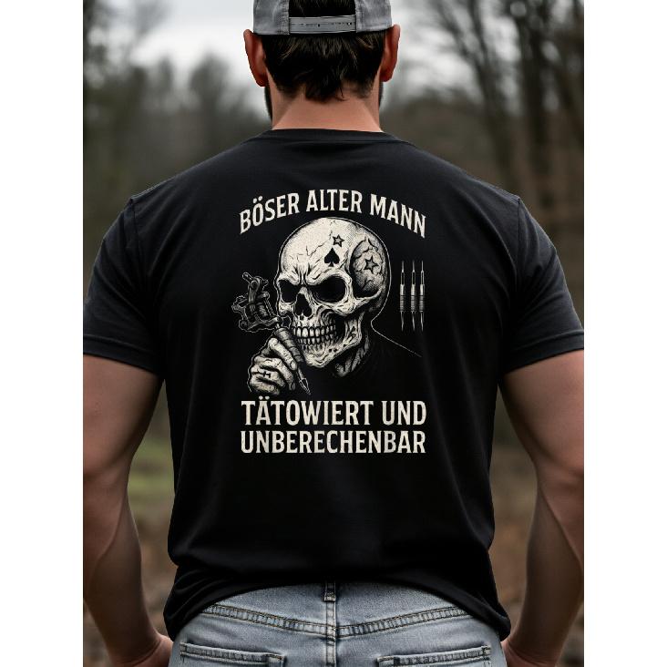 Men's black short-sleeve crew neck t-shirt with bold skull and tattoo machine graphic, soft cotton feel, edgy streetwear style for casual daily wear