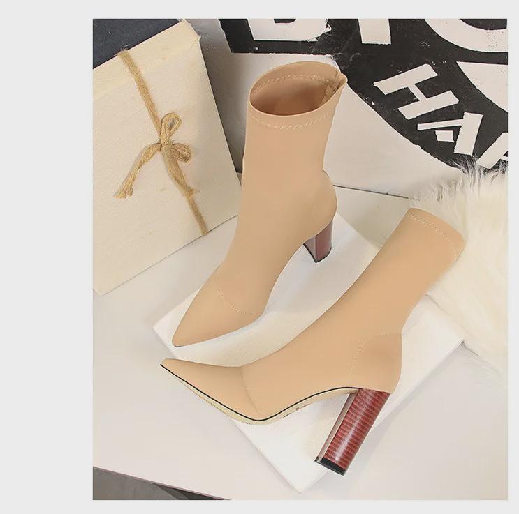 Европейская и американская мода Wood Grain Толстый каблук остроносый лайкра Сексуальные тонкие короткие сапоги