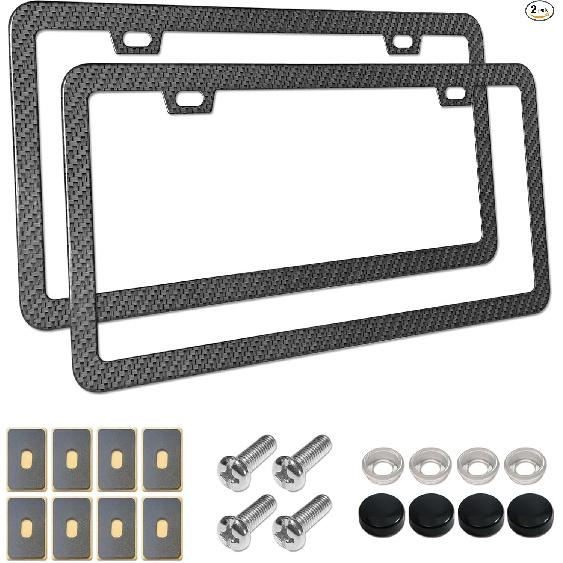 License Plate Frames Carbon Fiber- 2 Pack Black Aluminum Metal Car Tag Holders P