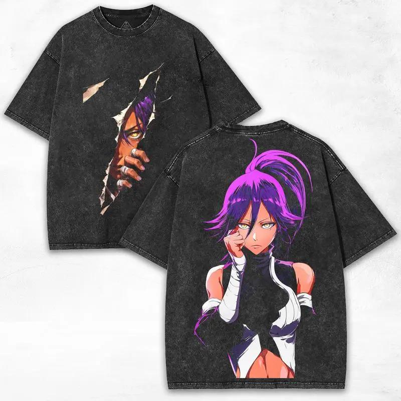 Hot Anime BLEACH Shihouin Yoruichi Graphic T Shirt Men Women Washed Cotton Tshirts Vintage Casual Clothing Harajuku Male T-shirt