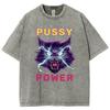 Power Cat Print Wash Women's T-Shirt Oversized Y2K Trend Hip Hop Retro Short Sleeve Harajuku Casual Top Summer
