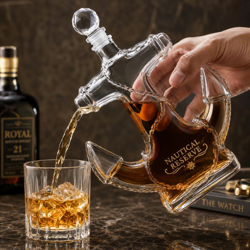 Nautical Anchor Glass Decanter Bottle Clear Spirit Wine Carafe For Whiskey Brandy Rum,Creative Maritime Home Bar Cabinet Display