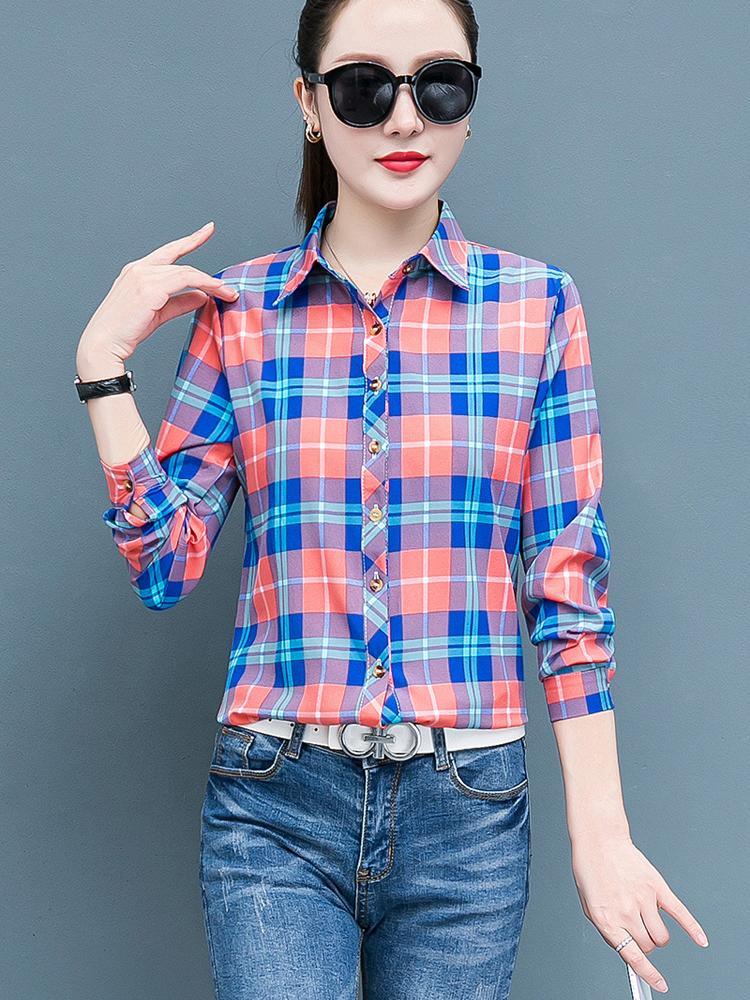 Клетчатая рубашка для женщин, сто женщин, топы, свободная ретро рубашка с длинным рукавом с гонконгским вкусом
