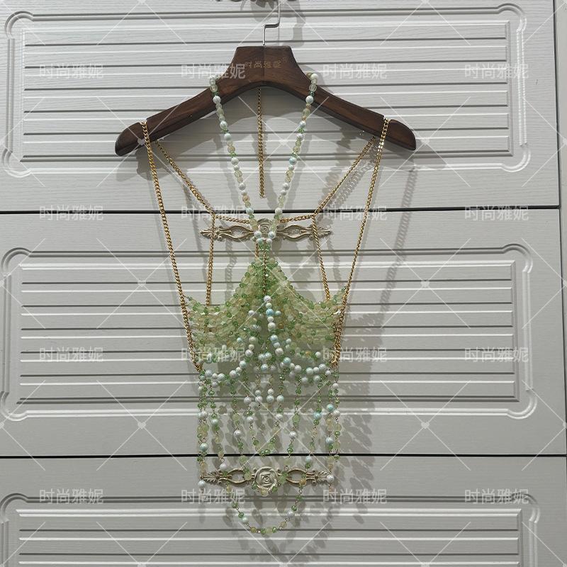 Handmade Female Music Rave Festival Mermaid Core Outfit 2025 Y2K Bikini Top Beaded Crystal Bra Body Chain Boho Beaded Top