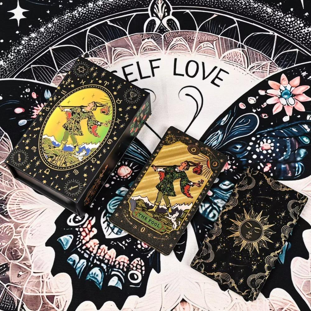 Черная позолоченная колода мистических карт Таро, инструмент для гадания с роскошной отделкой 12*7 см 78 шт. водонепроницаемых карт на основе системы Райдера