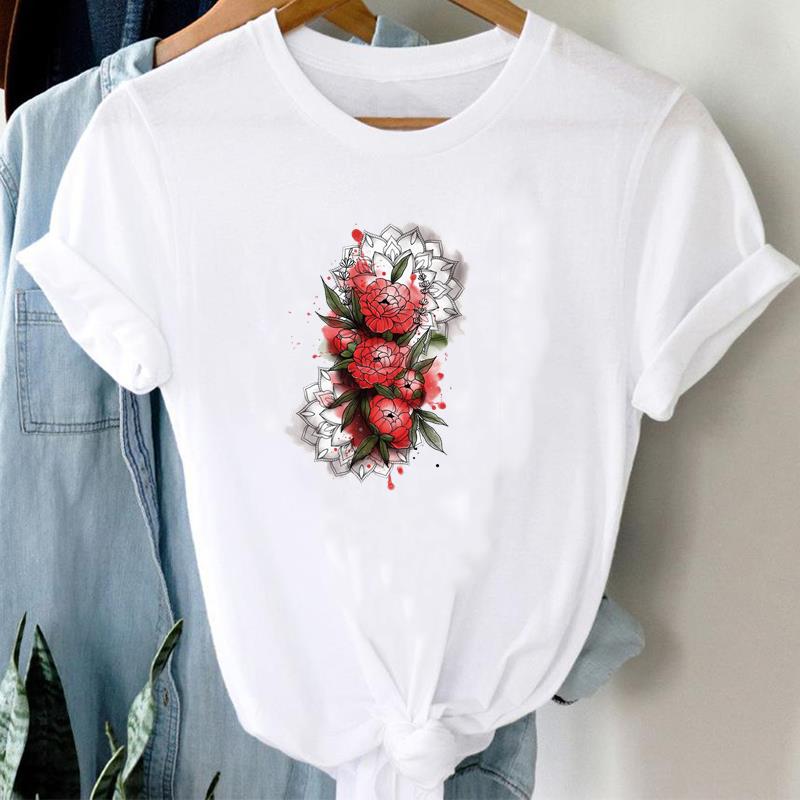 (Asian Size) Tee Top Fashion Love Letter Watercolor Flower T Shirt Women Print Lady Female Clothing Casual Short Sleeve Graphic T-shirt