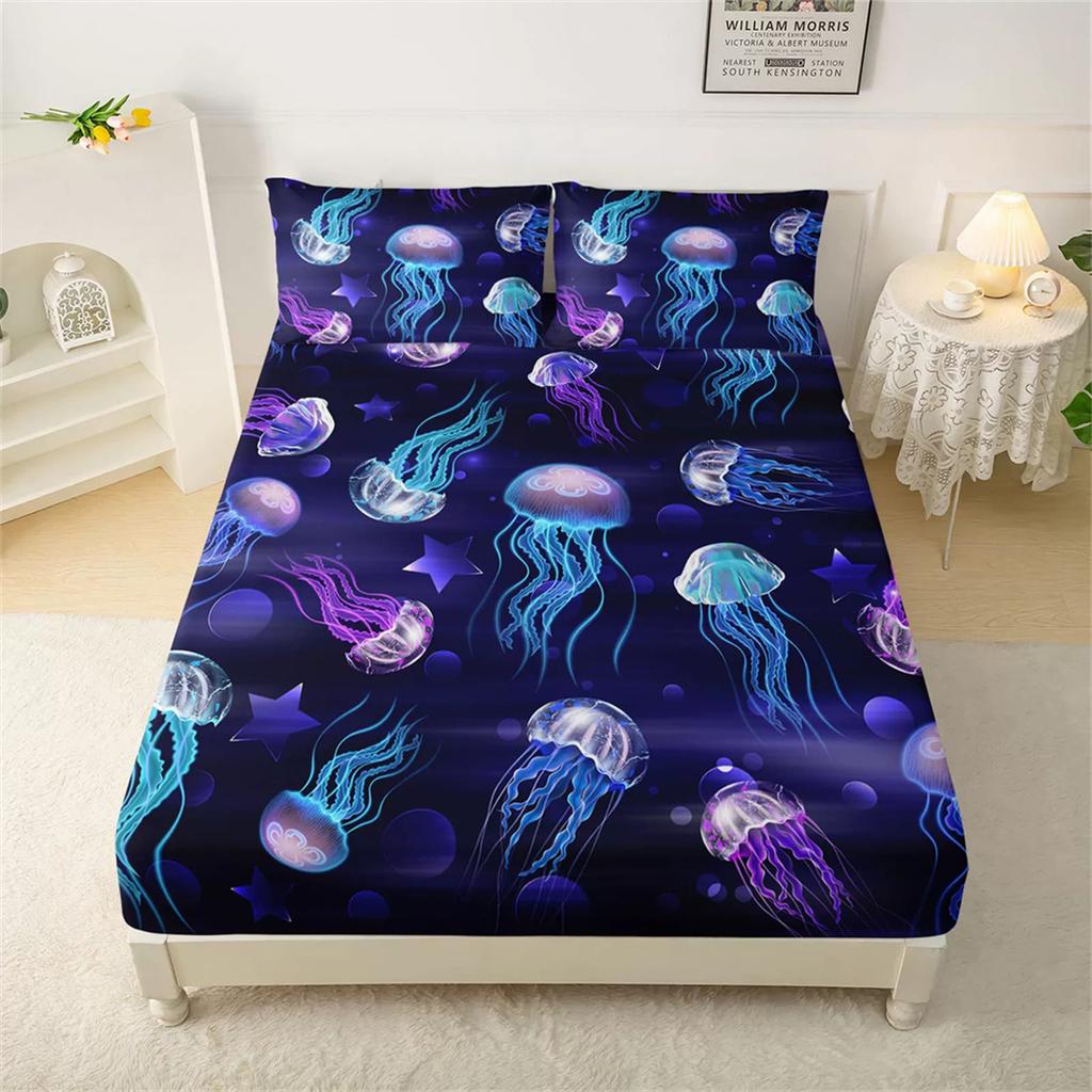 Комплект простыней на резинке «Медуза», Постельное белье с морскими обитателями 2 предмета для детей, мальчиков, девочек, Покрывало и наволочка «Подводный мир» 50x75 см