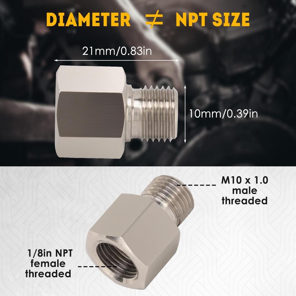 2 Pcs Sender Adapters 1/8in NPT Female to M10 x 1.0 Male Threaded Pressure Gauge Adapter with Washer, Stainless Steel Oil Reducer Adapter
