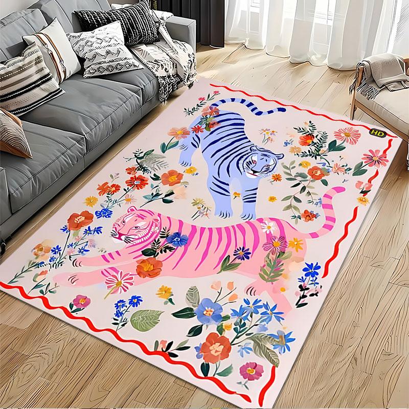 Colorful Tigers and Floral Design suitable as a non-slip mat for the living room or bedroom sofa