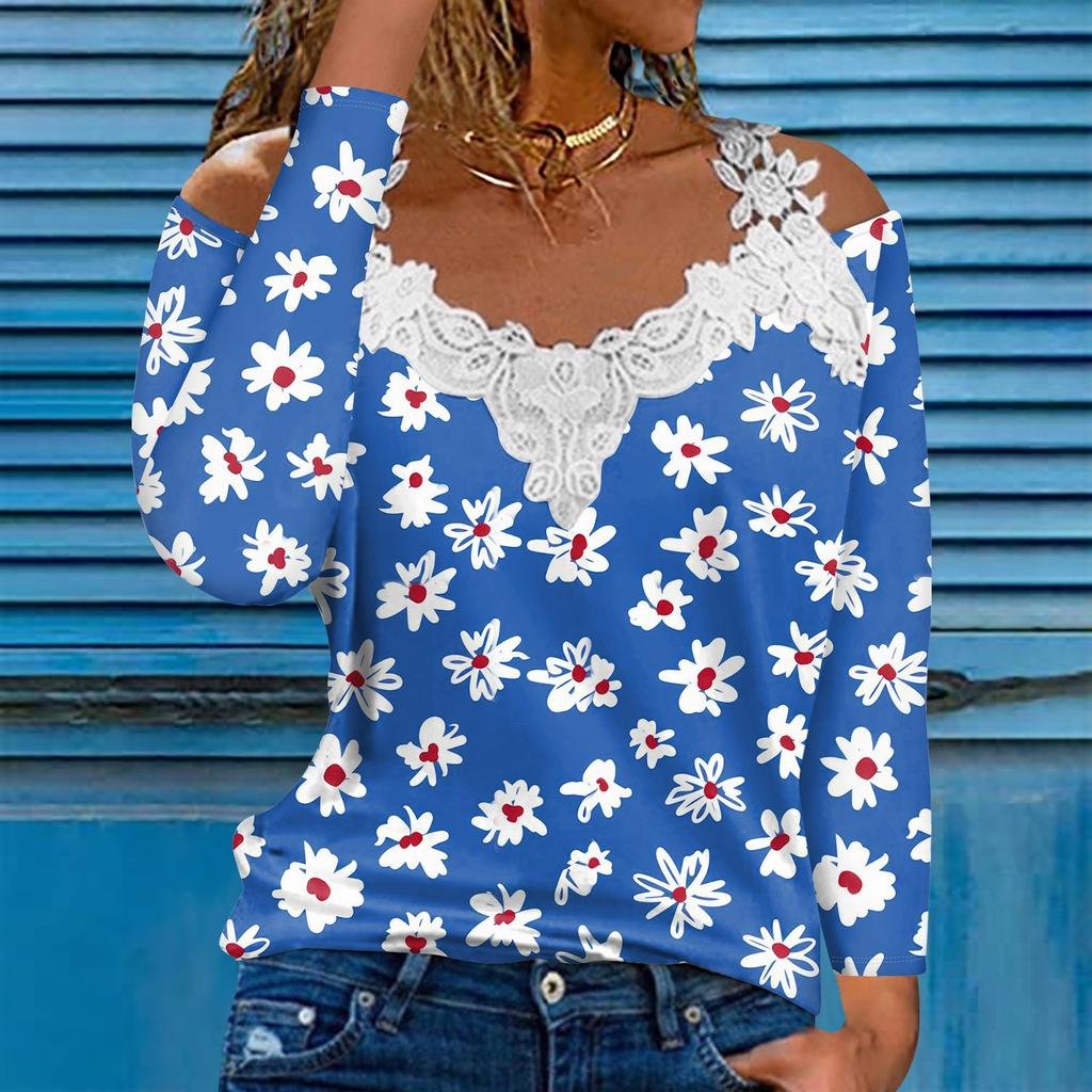 Модный кружевной пуловер с V-образным вырезом, длинный рукав, полосатый принт, однотонная повседневная футболка