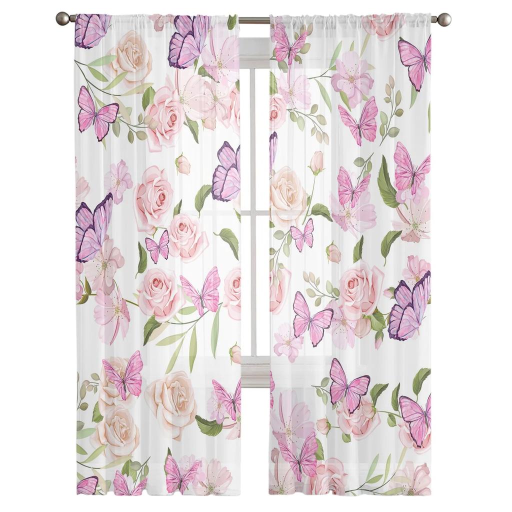 Весенние цветы бабочка розовые тюлевые шторы для гостиной спальни прозрачные занавески для балкона зала модные домашние шторы с принтом
