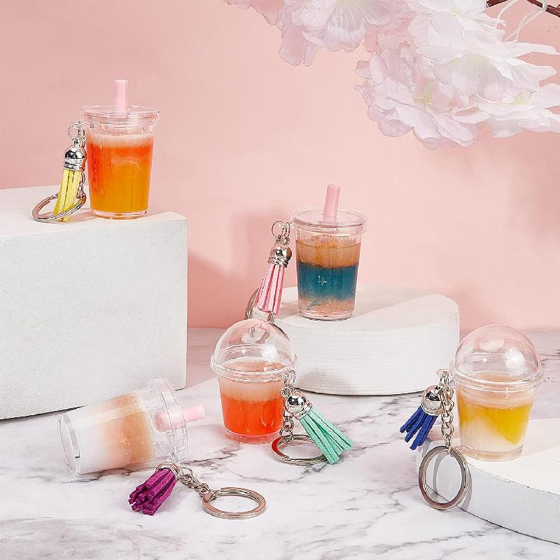 100Pcs Mini Milky Tea Key Chain Accessories Bubble Tea Cream Casting Kit Mini Cup Pendant with Key Ring Tassels Bubbles Straws