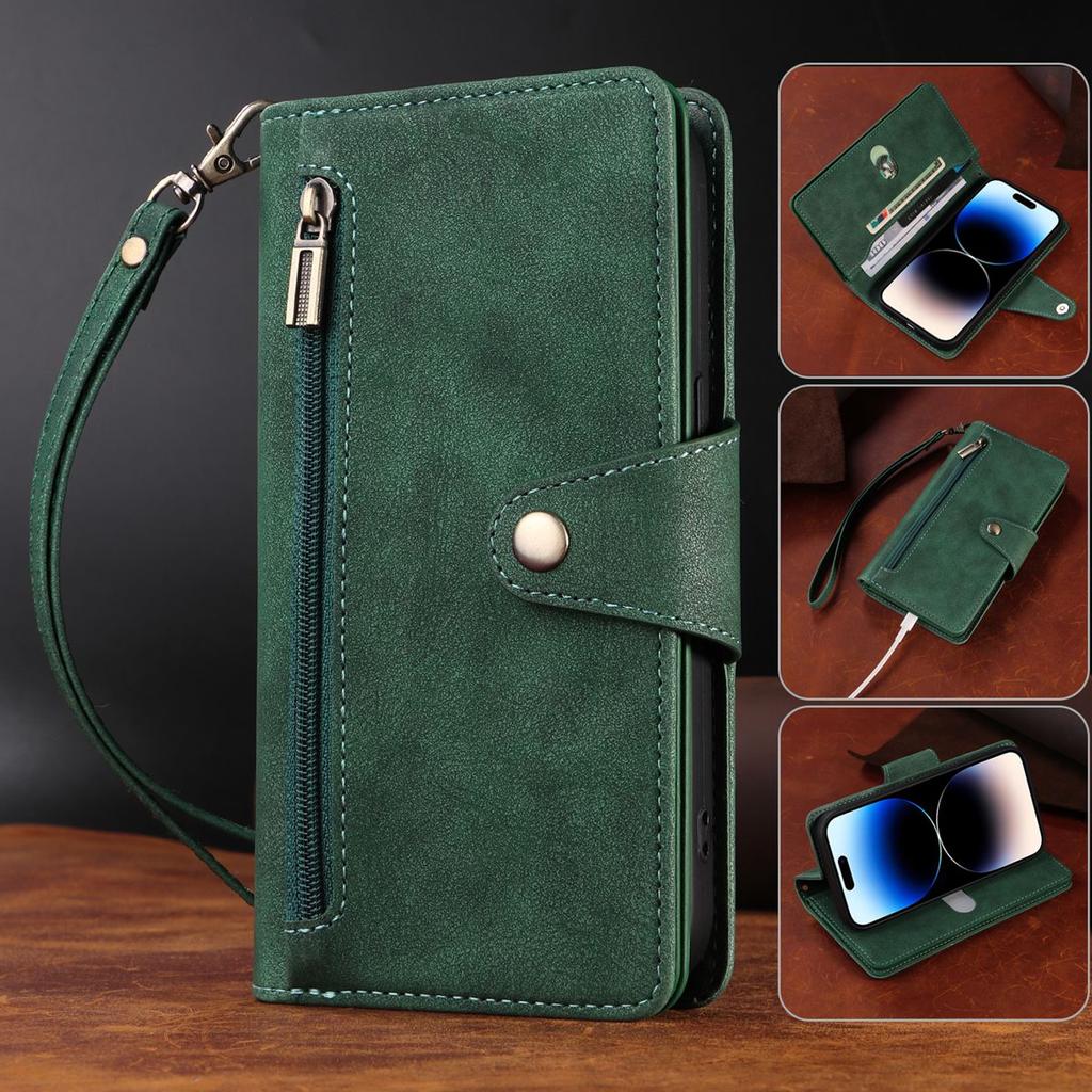 Многофункциональный двухслойный чехол-кошелек на молнии с отделениями для карт и карманом для наличных для iPhone 15, 14, 13, 12, 11, Samsung, Google, откидная крышка из искусственной кожи на ремешке